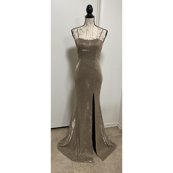 Lulus Gown Womens XS Metallic Glitter Maxi Dress Strappy Formal Evening Slit - Picture 1 of 11